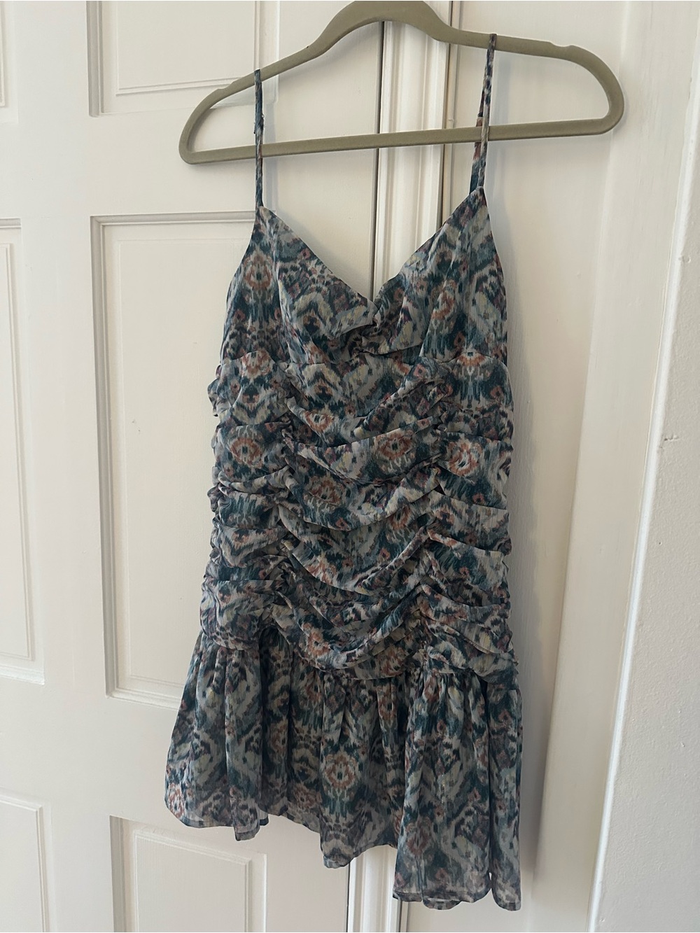 Sincerely Jules Teal and Cream Ikat Ruched Mini Dress